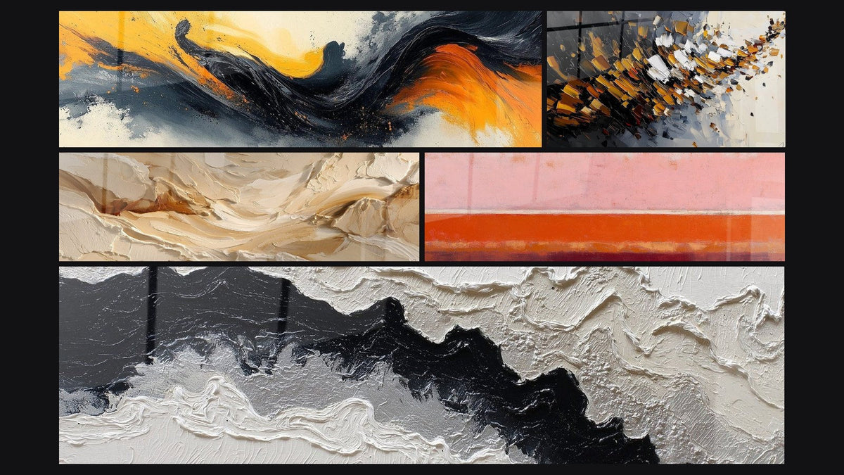 Mosaïque de cinq tableaux, dont Symphonie Contrastée Noir et Explosion dynamique