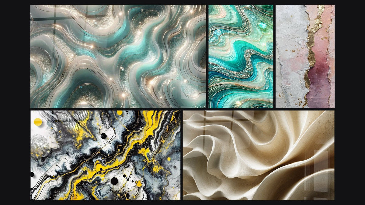 Mosaïque de cinq tableaux, dont Ondes Scintillantes, Impact Noir et Vagues Cristallines