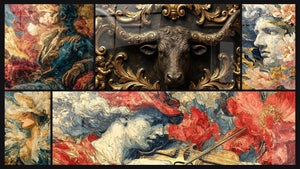 Mosaico de cinco cuadros, entre ellos Hombre Tormentoso Creador, Toro Barroco y Estatua Alma Floral