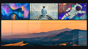 Mosaïque de quatre tableaux, dont L’Art de l’Eau, Montagne désertique coucher soleil et Voyageur Cosmique