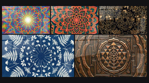 Mosaic of five paintings, including Radial Colorful Explosion Multicolor and Sri Yantra Copper Wall Art Sacred Geometry