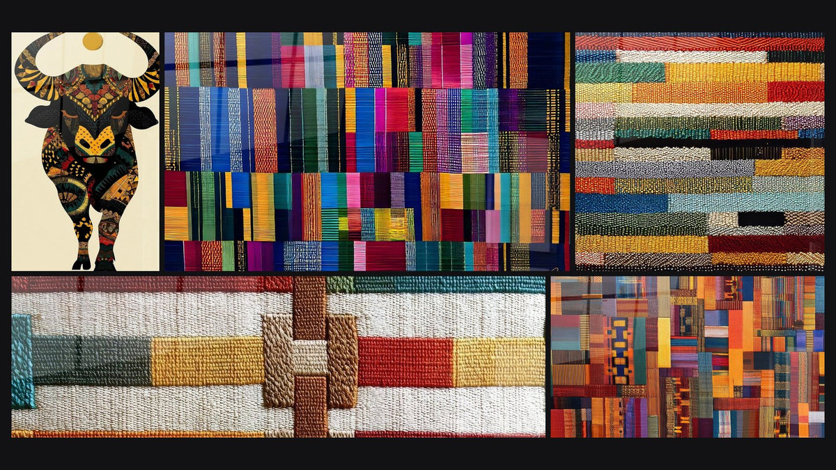 Mozaïek van vijf schilderijen, waaronder Buffel Bewaker van de voorouders en Met kleurrijke geometrische motieven
