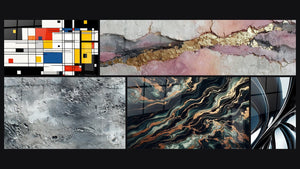Mozaïek van vijf schilderijen, waaronder Geometrisch gekleurde compositie en Abstract zilverkleurig grijs textuur