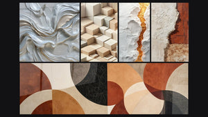 Mosaïque de cinq tableaux, dont Abstrait tourbillons blanc nacré et doré et Minimalisme Sculpté