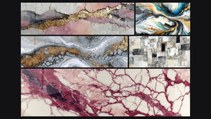 Mosaico de cinco cuadros, entre ellos Abstracto Fluido Gris y Oro y Abstracto de Corrientes Coloridas