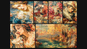 Mosaïque de six tableaux, dont Visage Révérie Ocre, Femme Raffinement Pictural et Femme Beauté Introspective
