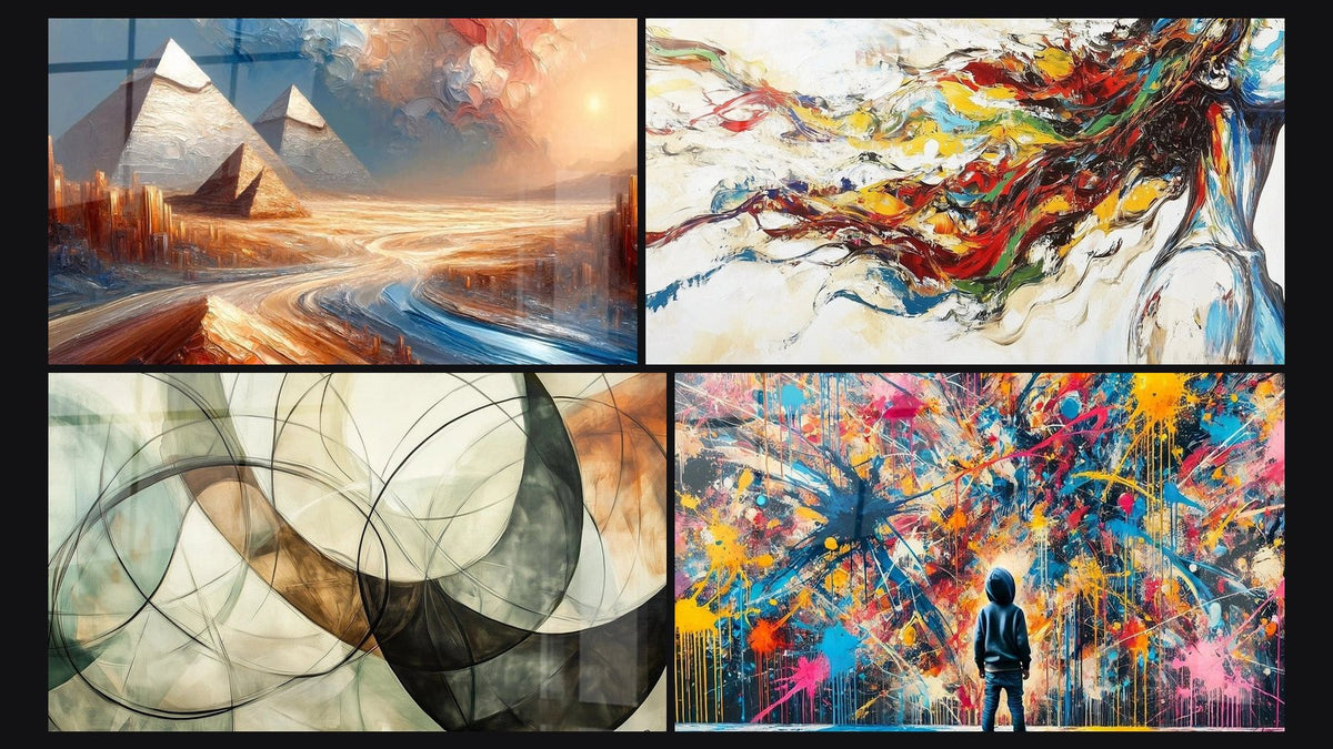 Mosaico di quattro quadri, tra cui Miraggio Egiziano, Muse Moderna e I Legami Invisibili