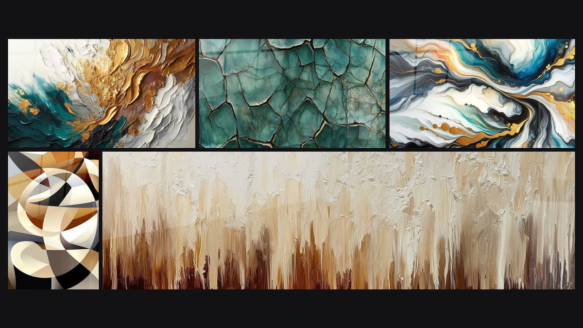 Mosaico de cinco cuadros, entre ellos Trazos en Oro y Jade, Tierra Fracturada y Formas circulares entrelazadas