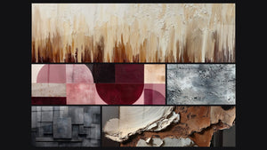 Mozaïek van vijf schilderijen, waaronder Abstract geometrisch grijs kolen zwart en Abstract zilverkleurig grijs textuur