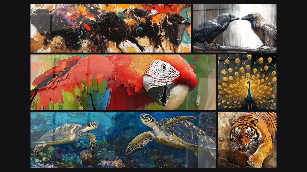 Mosaic of six paintings, including Bull Heart of the Arena, Parrot Wall Art Jungle Spirit and Sea Turtle Grace Marine