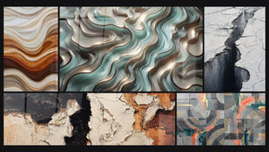 Mosaico de cinco cuadros, entre ellos Ondas Fluidas Tierra y Cobre, Curvas Etéreas y Grieta Glaciar Gris y Negro