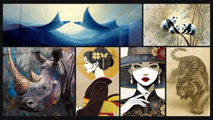 Mosaïque de six tableaux, dont Raie manta Vals océanique, Rhinocéros Coeur de savane et Grâce du Kimono
