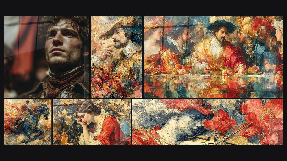 Mosaico di sei quadri, tra cui Ritratto Rinascimento Umano, Ritratto Maestro Contemplatore e Banchetto Festino Opulento