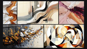Mosaico de cinco cuadros, entre ellos Explosión dinámica, Sillage Abstracto y Formas circulares entrelazadas