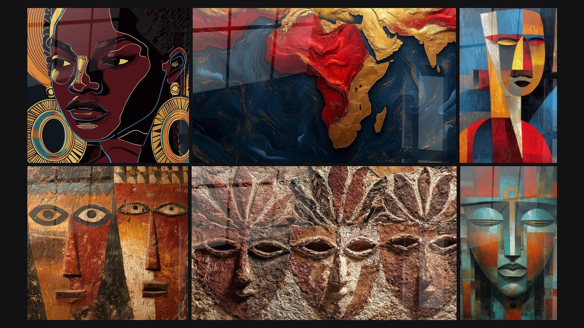 Mosaïque de six tableaux, dont Femme Africaine Âme tribale, Afrique Flammes du berceau et Visages Africains Stylisés