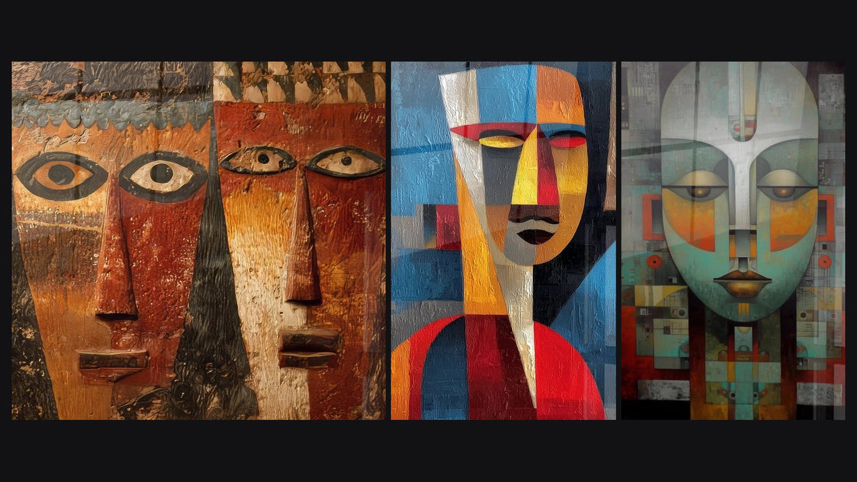 Mosaic of three paintings, including Stylized African Faces and Village Mask Artisan