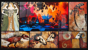Mosaïque de six tableaux, dont Dinosaure rouge, Taureaux primitifs et Bélier aux cornes spiralées