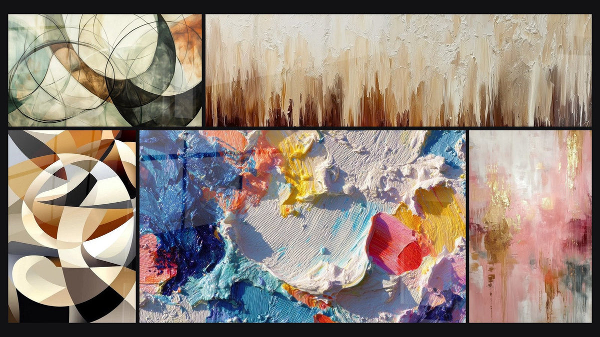 Mosaico di cinque quadri, tra cui I Legami Invisibili, Forme circolari intrecciate di e Di pittura astratta