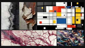 Mozaïek van vijf schilderijen, waaronder Geometrisch gekleurde compositie en Minerale Serenade