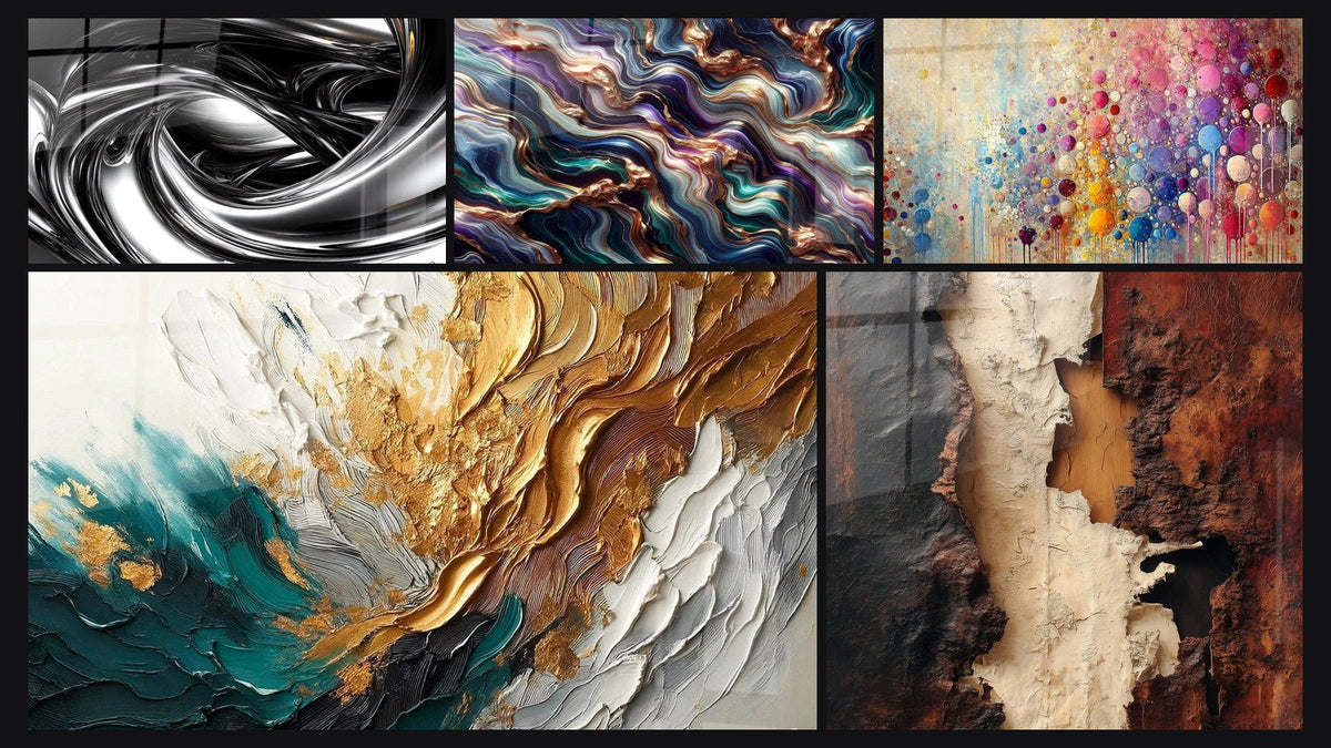 Mosaico de cinco cuadros, entre ellos Remolino metálico, Serenata Mineral y Trazos en Oro y Jade
