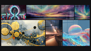 Mosaic of six paintings, including Space Wall Art No. 5, Lake Landscape and Golden and Navy Blue Cosmic Spheres