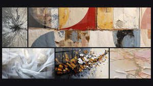 Mozaïek van vijf schilderijen, waaronder Zeilen van Licht, Dynamische explosie en Abstracte geometrische vormen