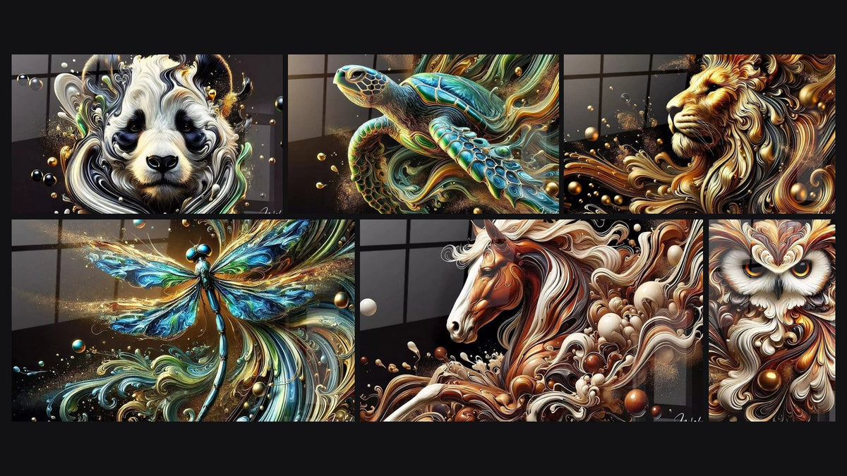Mosaïque de six tableaux, dont Fluidité Zen, Flots de Jade et Élégance Impériale