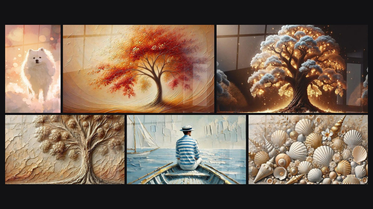 Mosaico di sei quadri, tra cui Danza delle Stagioni, Albero della Notte e Albero di Antan