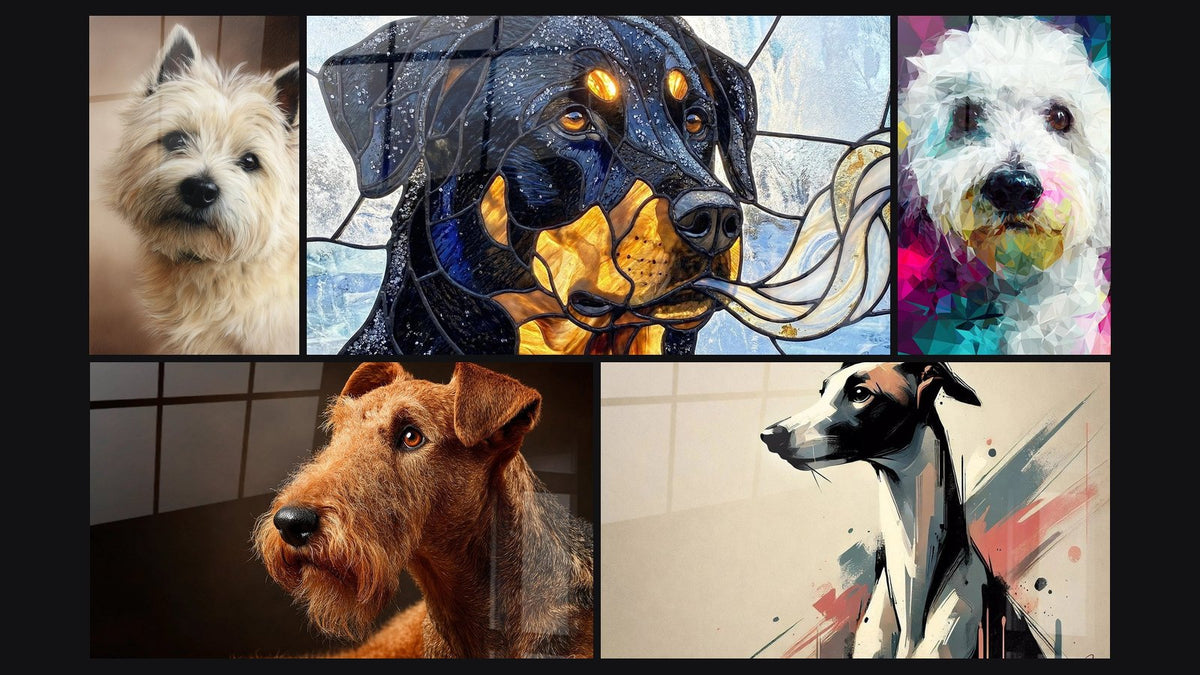Mosaico di cinque quadri, tra cui Cane Bianco con Sfaccettature Geometriche e Linea di Grazia