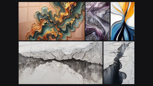 Mosaïque de cinq tableaux, dont Onde Cuivré, Lames de Quartz et Crevasse Glaciaire Gris et Noir
