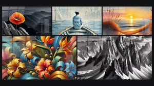 Mosaïque de cinq tableaux, dont L’Art de l’Eau, Rhapsodie Botanique et Quand le Jour S’endort