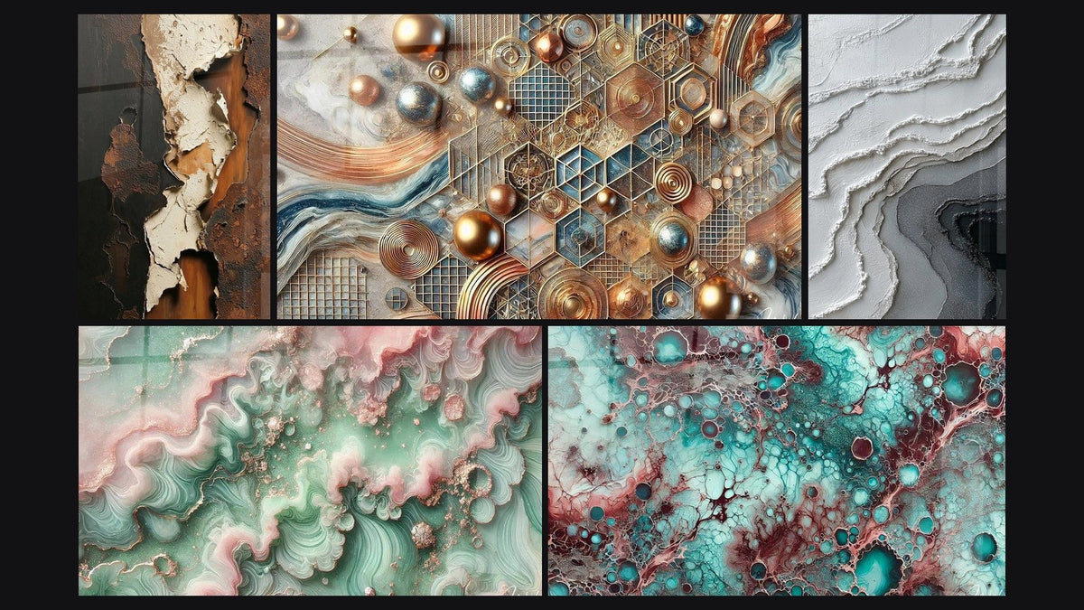 Mosaïque de cinq tableaux, dont Mosaïque de Cuivre, Brume Émeraude et Essence de Grenat