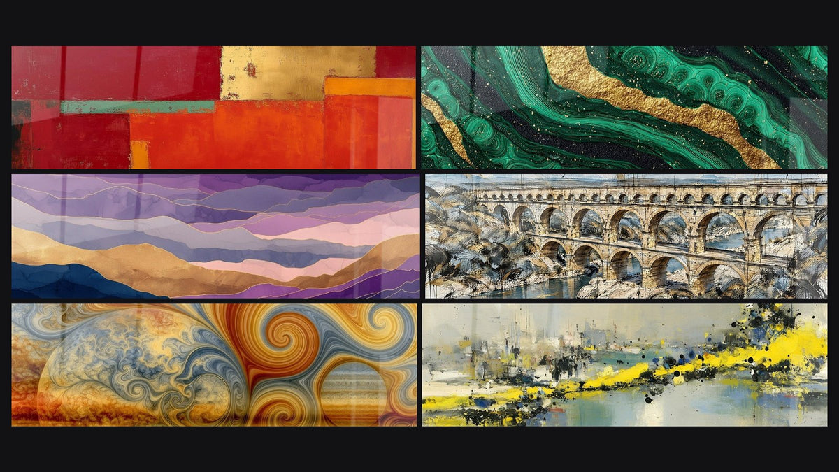 Mosaïque de six tableaux, dont Abstrait rouge orange et doré panoramique et Flux émeraude et or panoramique