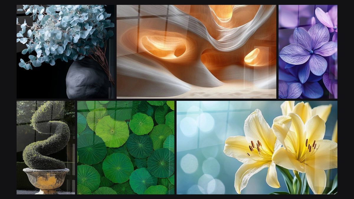 Mosaic of six paintings, including Bouquet in Textured Black Vase, Boxwood Wall Art No. 1 and Luminous Caress