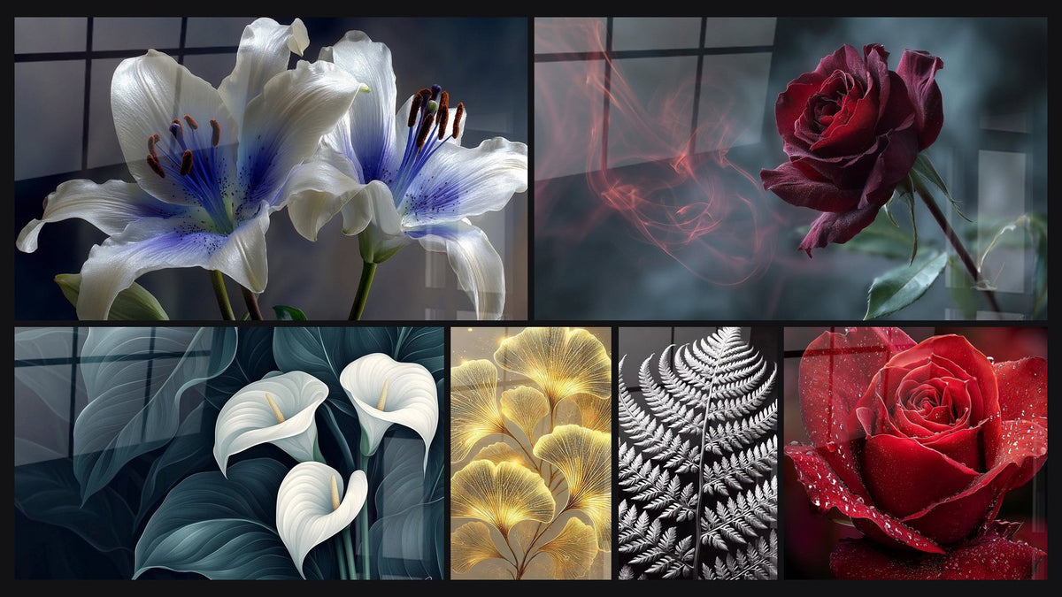 Mosaïque de six tableaux, dont Lys blanc et bleu aux étamines cuivrées, Arum N°2 et Brillance Naturelle