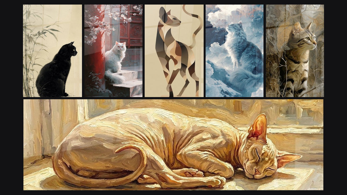 Mosaïque de six tableaux, dont Chat Noir et Bambou, Chat Turkish Angora Jardin Zen et Chat Endormi sur Tapis