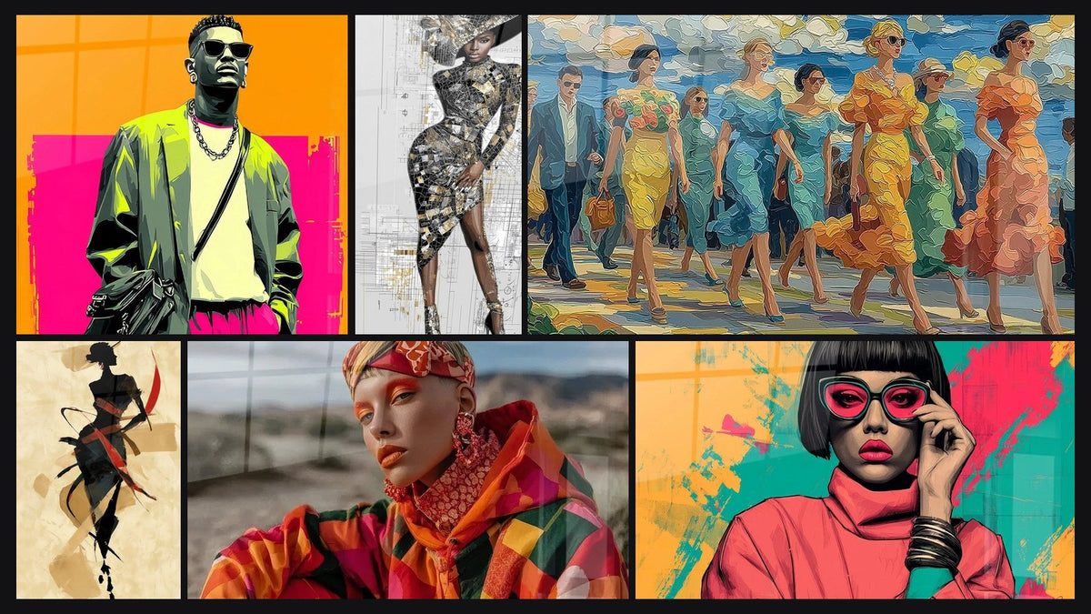 Mosaik aus sechs Gemälden, darunter Trend, Modern Art Déco und Ethnische Kunst