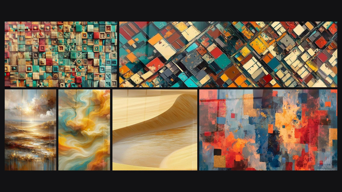 Mosaico di sei quadri, tra cui Intreccio dei Colori, Luce sull'Estensione e L'Ecume dei Respiri