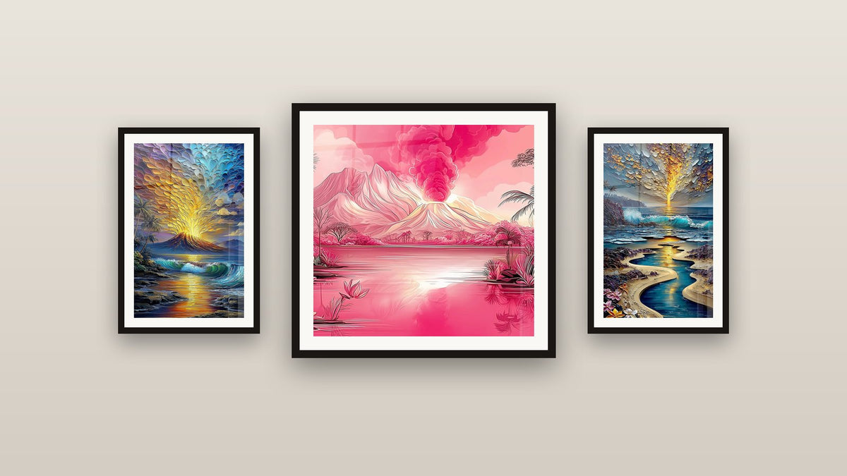 Mur de galerie avec trois tableaux encadrés, dont Volcan en Éruption Rose et Éruption Volcanique Tropicale