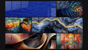 Mosaïque de six tableaux, dont Texture bleue abstraite, Tunnel coloré digital et Danse Feu Libératrice Rouge