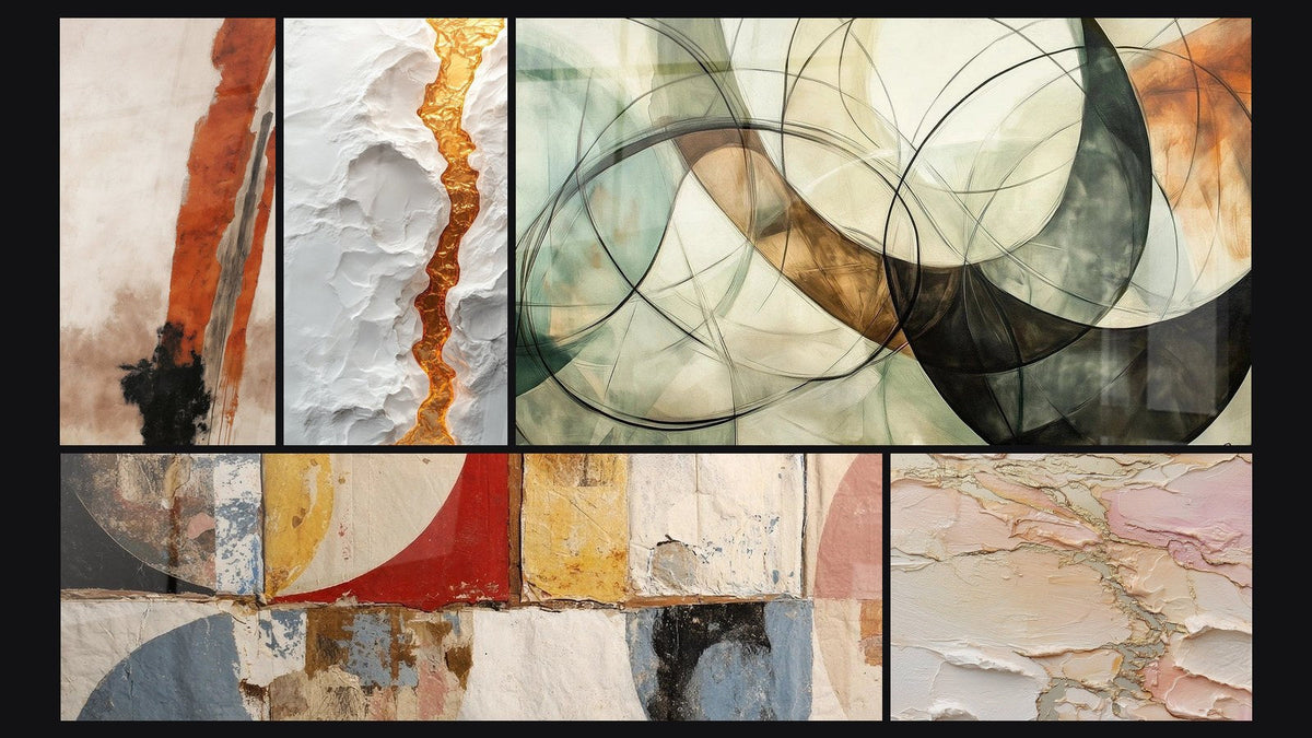 Mozaïek van vijf schilderijen, waaronder Abstracte geometrische vormen en Onzichtbare Banden