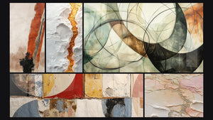 Mosaïque de cinq tableaux, dont Faille dorée serpentine sur relief blanc et Formes géométriques abstraites