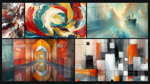 Mosaïque de cinq tableaux, dont Bruit Dynamique Explosive, Voûtes Chatoyantes Vermillon et Métamorphose Cosmique