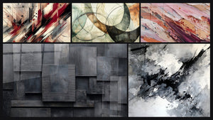 Mozaïek van vijf schilderijen, waaronder Abstract geometrisch grijs kolen zwart en Onzichtbare Banden