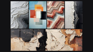 Mosaico de cinco cuadros, entre ellos Formas Geométricas Contraste Funcional y Fusión Geométrica