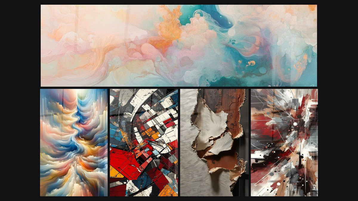 Mosaico de cinco cuadros, entre ellos Nubes Flotantes Rosado y Resonancia de Tonos Celestes