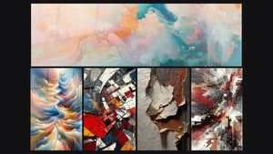 Mosaic of five paintings, including Cumulus Floating Pink, Resonance of Celestial Hues and Architectural Revolution Modern