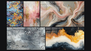 Mosaico de cinco cuadros, entre ellos Explosión de colores, Abstracto gris plateado texturizado y Flujos de Seda