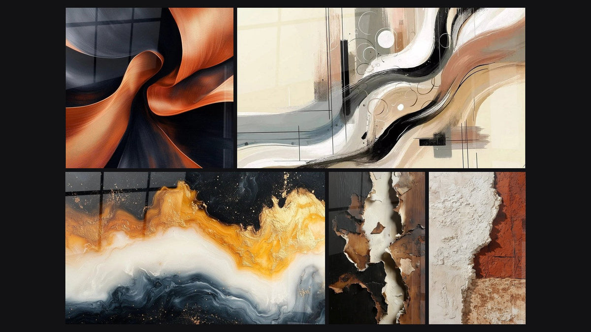 Mosaik aus fünf Gemälden, darunter Kühne Skulpturale Kupfer, Ewige Flut Gold und Sillage Abstrakt