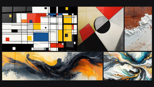 Mozaïek van vijf schilderijen, waaronder Geometrisch gekleurde compositie en Gecontrasteerde Symfonie Zwart